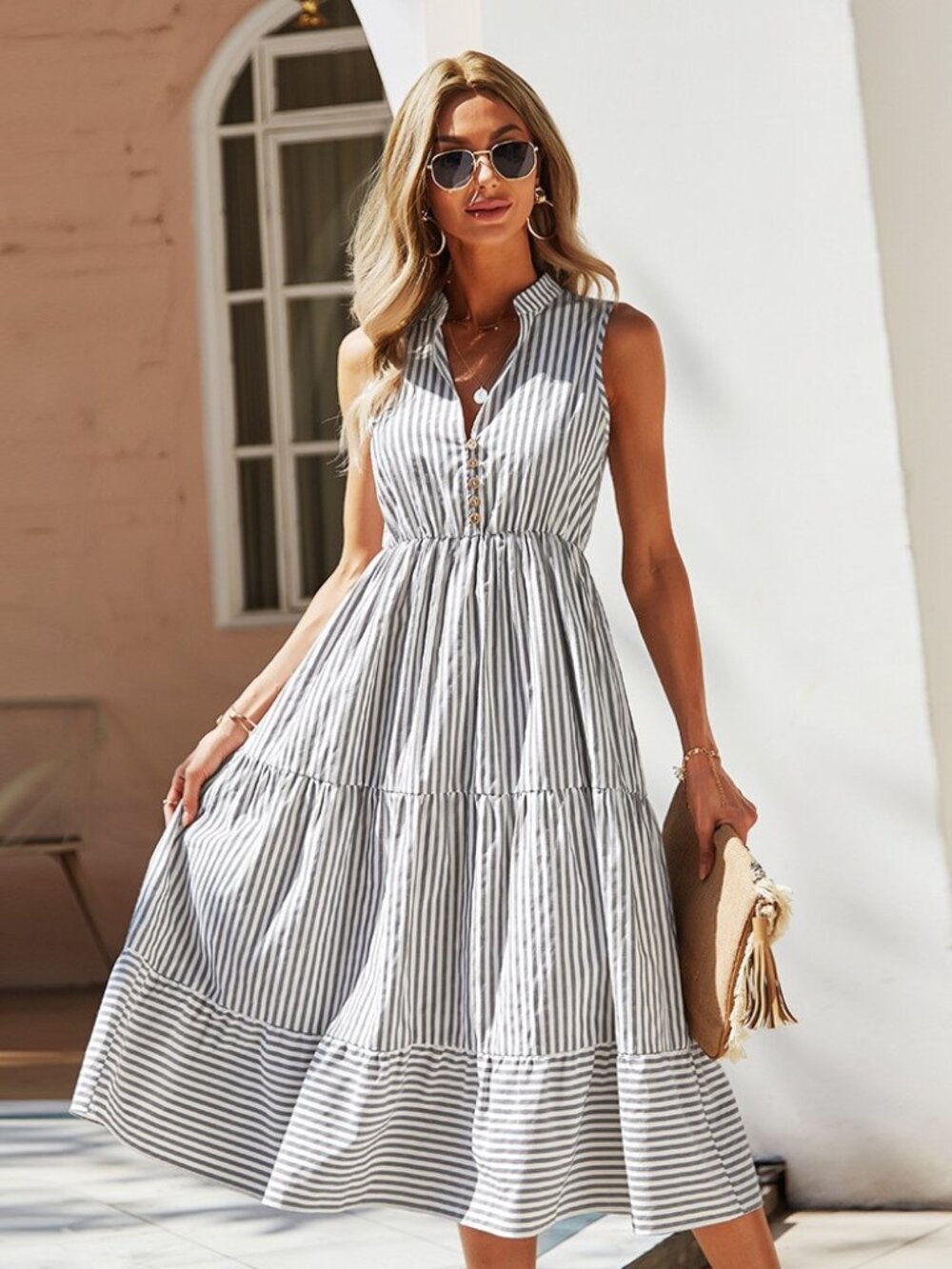 Women's Gray Striped Collared Sleeveless Tiered Midi Dress